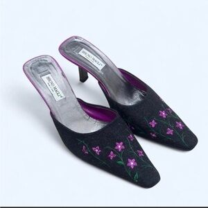 Bruno Magli Black Mules with Purple Floral Embroidery